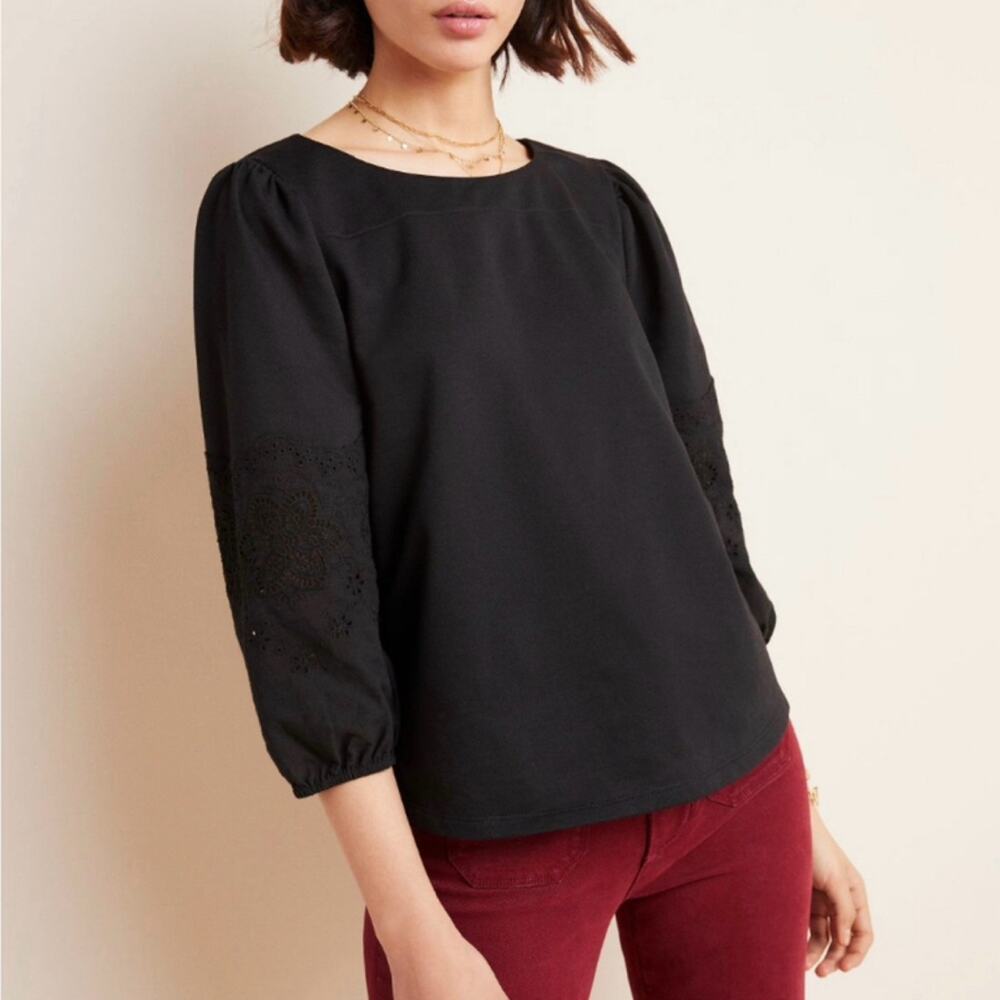 Current Air Los Angeles Laila Puff-Sleeved Top in Black, XS